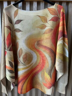 L161 Loowie Autumn Leaves Abstract Knit Sweater | Round Neck | One Size S-L